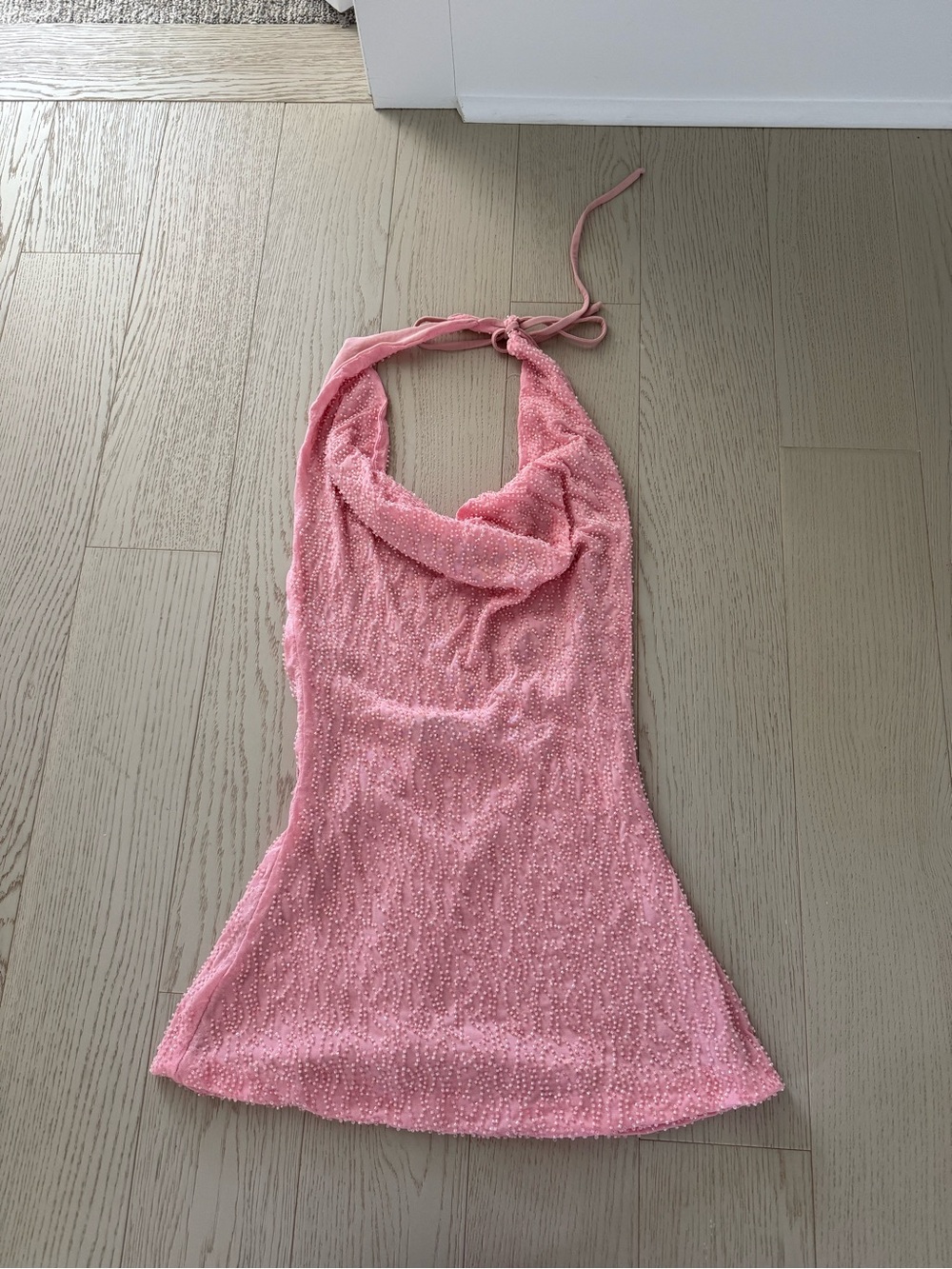 White Fox Boutique Pink Beaded Halter Mini Dress